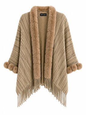 Belle Dame Vintage Knit Faux Fur Trimmed Poncho Cape One Size fits S to L